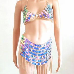 Body chain disco bralette and skirt set
